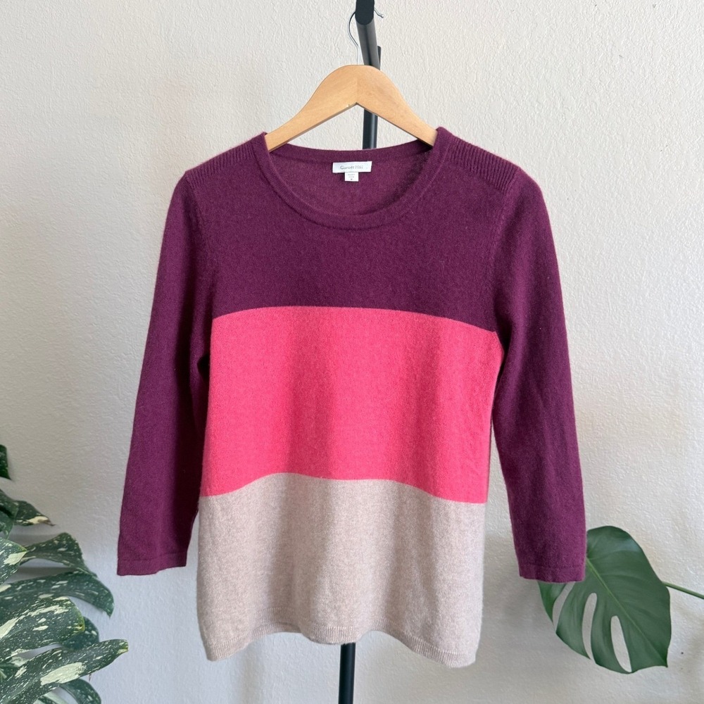Garnet Hill Womens 100% Cashmere Colorblock Sweater Purple Pink Tan Size M